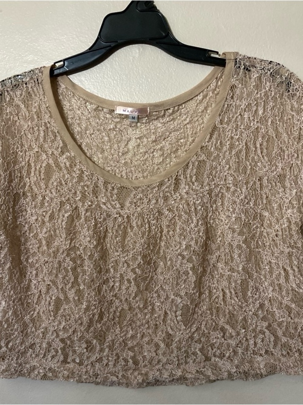 Mauve Beige Lace Overlay Short Sleeve Top